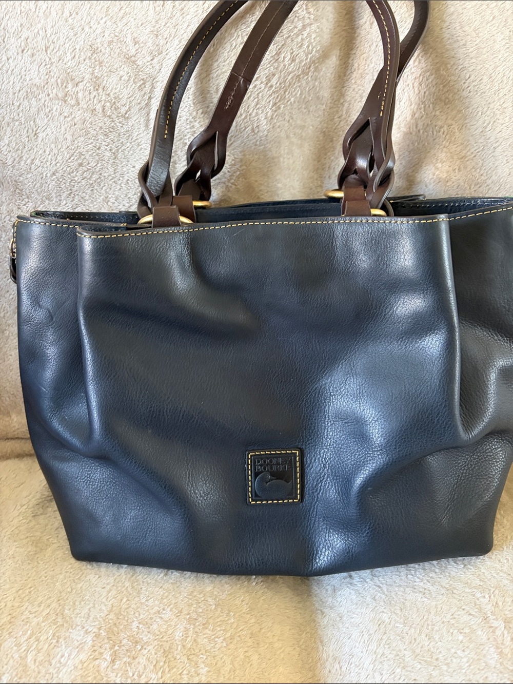 Dooney & Bourke Navy Leather Tote with Brown Handles